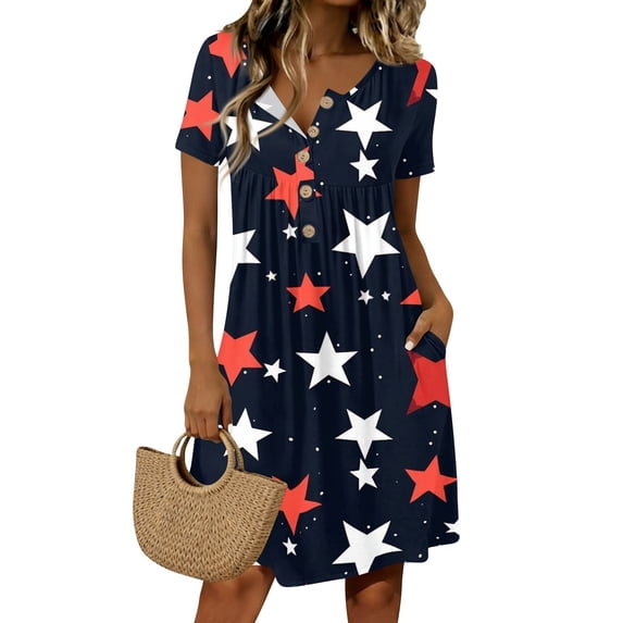 Women's 4th of July 250th Anniversary Floral Print Dress Short Sleeve Button Neck Casual Crew Neckline Independence Day Patriotic USA Flag Summer Everyday Wear Relaxed Fit Dress Navy S