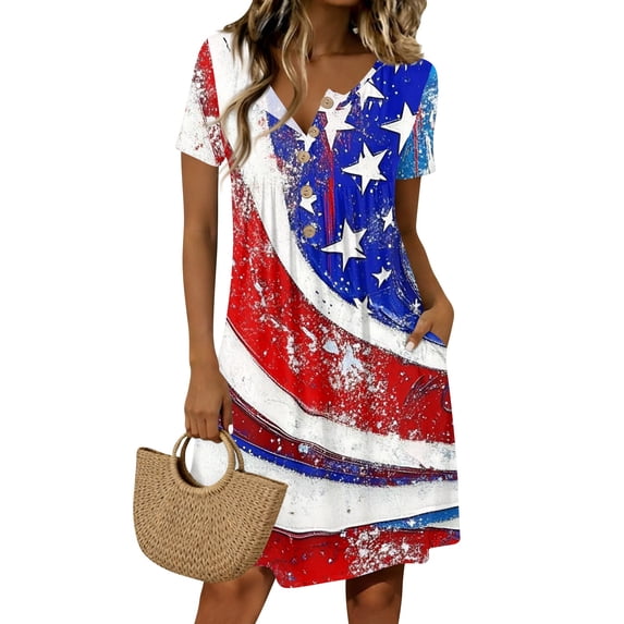 Women's 4th of July 250th Anniversary Floral Print Dress Short Sleeve Button Neck Casual Crew Neckline Independence Day Patriotic USA Flag Summer Everyday Wear Relaxed Fit Dress Red S
