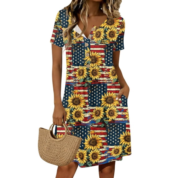 Women's 4th of July 250th Anniversary Patriotic Dress Short Sleeve Button Neck Printed Pattern Relaxed Fit Summer Holiday Style Casual Independence Day USA Flag Daily Wear Yellow XL