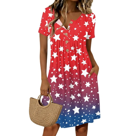 Women's 4th of July 250th Anniversary Patriotic Dress Short Sleeve Button Neck Printed Pattern Relaxed Fit Summer Holiday Style Casual Independence Day USA Flag Daily Wear Deep Red XL