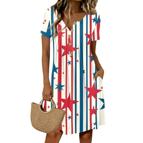 Women's 4th of July 250th Anniversary Patriotic Dress Short Sleeve Button Neck Printed Pattern Relaxed Fit Summer Holiday Style Casual Independence Day USA Flag Daily Wear Red XXL