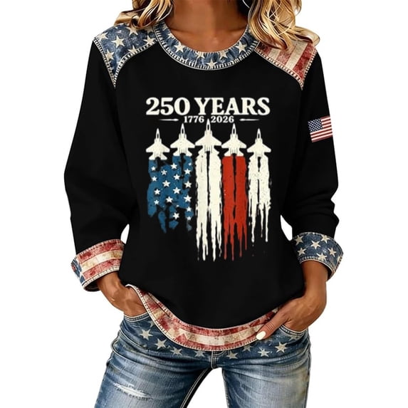Women's 4th of July Graphic Hoodless Sweatshirt Patriotic Independence Day Letter Print Style Casual Crewneck Sweatshirt Fall Winter Fashion Top Black 5XL