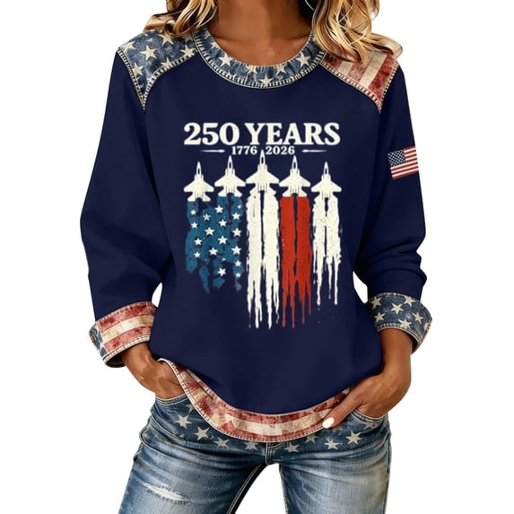 Women's 4th of July Graphic Hoodless Sweatshirt Patriotic Independence Day Letter Print Style Casual Crewneck Sweatshirt Fall Winter Fashion Top Dark Blue M