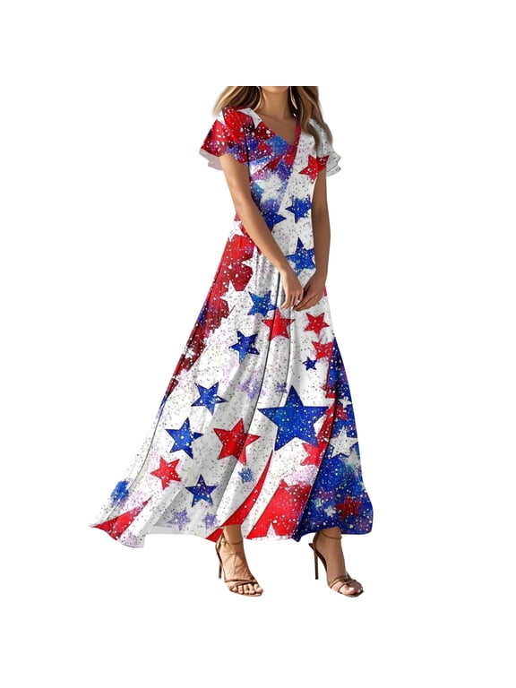 Women's 4th of July Patriotic American Flag Maxi Dress V Neck Short Sleeve Independence Day Casual Summer Dress with Star Print for Beach and Party White M