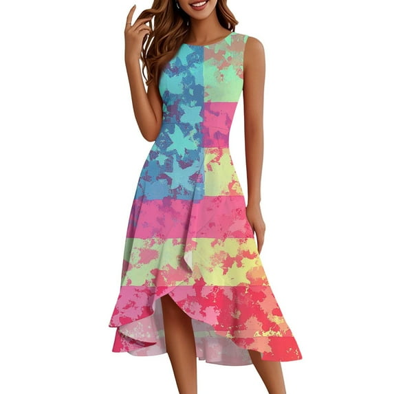 Women's 4th of July Patriotic Dress, Women Elegant Ruffled Zipper Dress, Sexy Independence Day American Flag Printed, Sleeveless Round Neck Maxi Design ,Pink XL