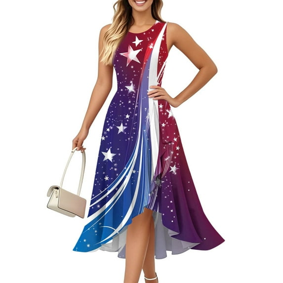 Women's 4th of July Patriotic Dress, Women Elegant Ruffled Zipper Dress, Sexy Independence Day American Flag Printed, Sleeveless Round Neck Maxi Design ,Purple S