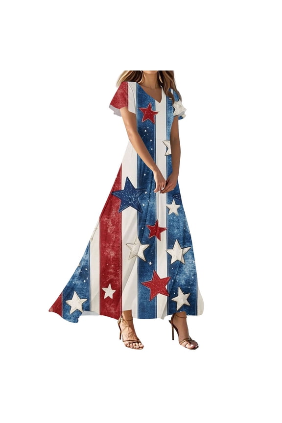 Women's 4th of July Patriotic Dress, Women Independence Day American Flag Printed V-Neck Short Sleeve Dress, Sexy Maxi Design, Retro Bohemian Dress,Hot Pink XS
