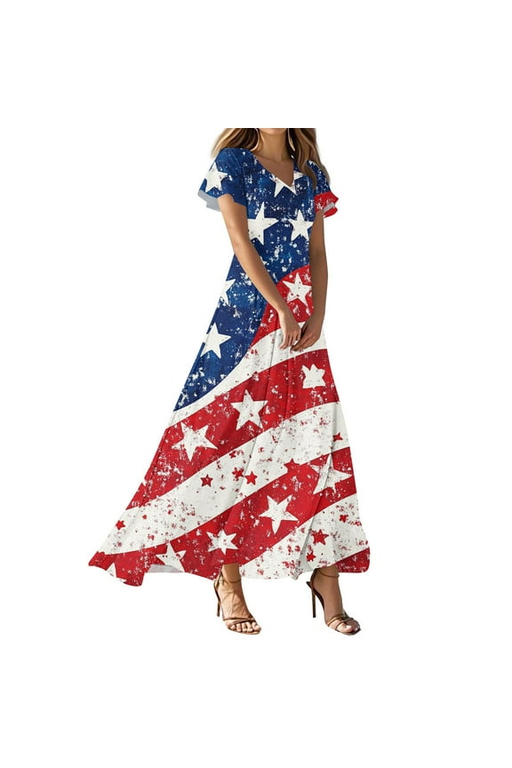 Women's 4th of July Patriotic Dress, Women Independence Day American Flag Printed V-Neck Short Sleeve Dress, Sexy Maxi Design, Retro Bohemian Dress,Red L