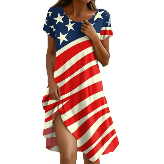 Women's 4th of July Patriotic Dress, Women Independence Day Theme Round Neck American Flag Print Sundress, Short Sleeve Loose Fit Casual Dress with Pockets,Deep Red XL