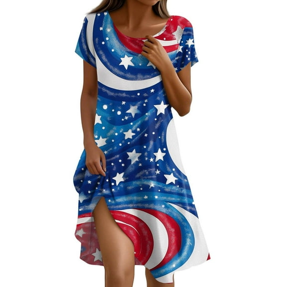 Women's 4th of July Patriotic Dress, Women Independence Day Theme Round Neck American Flag Print Sundress, Short Sleeve Loose Fit Casual Dress with Pockets,Light Blue M