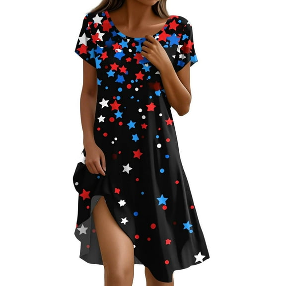 Women's 4th of July Patriotic Dress, Women Independence Day Theme Round Neck American Flag Print Sundress, Short Sleeve Loose Fit Casual Dress with Pockets,Navy M