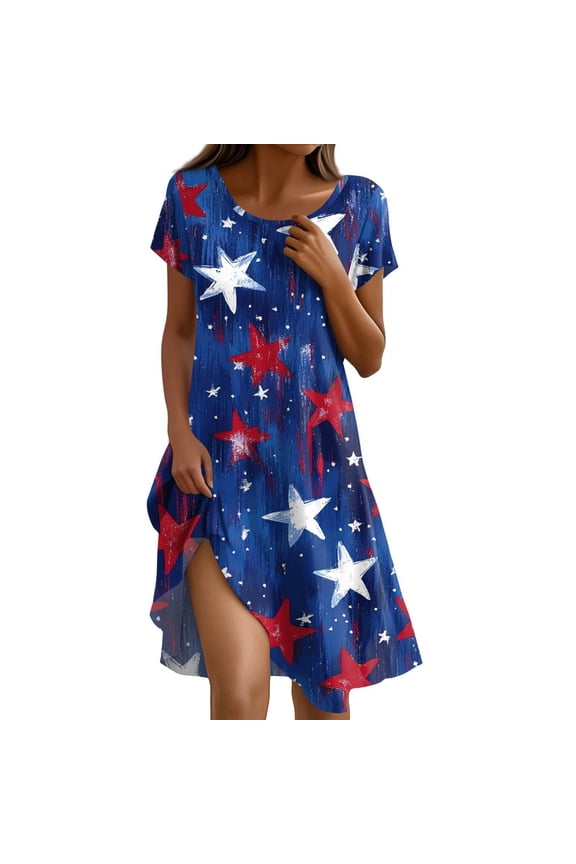 Women's 4th of July Patriotic Dress, Women Independence Day Theme Round Neck American Flag Print Sundress, Short Sleeve Loose Fit Casual Dress with Pockets,Royal Blue S