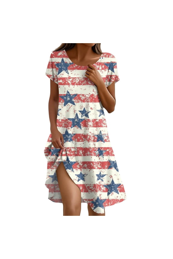 Women's 4th of July Patriotic Dress, Women Independence Day Theme Round Neck American Flag Print Sundress, Short Sleeve Loose Fit Casual Dress with Pockets,Wine S