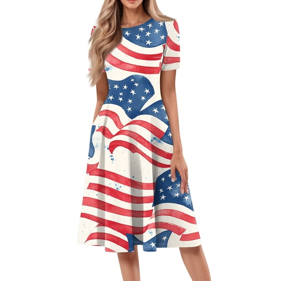 Women's 4th of July Patriotic Dress, Women Loose Fit Round Neck Short Sleeve Dress, Sexy Independence Day American Flag Printed, Mid-Length Bohemian Sundress for Summer Beachwear,Vermilion S