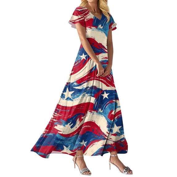 Women's 4th of July Patriotic Dress, Women Loose Fit V-Neck Short Sleeve Dress, Sexy Independence Day American Flag Printed, High Waist Maxi Design for Summer Beach Outings,Deep Red L