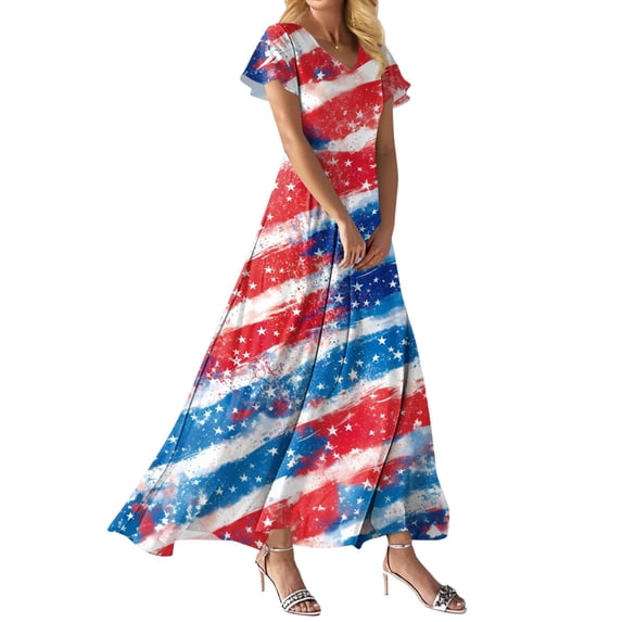 Women's 4th of July Patriotic Dress, Women Loose Fit V-Neck Short Sleeve Dress, Sexy Independence Day American Flag Printed, High Waist Maxi Design for Summer Beach Outings,Vermilion S