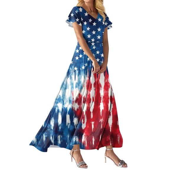 Women's 4th of July Patriotic Dress, Women Loose Fit V-Neck Short Sleeve Dress, Sexy Independence Day American Flag Printed, High Waist Maxi Design for Summer Beach Outings,Blue XL