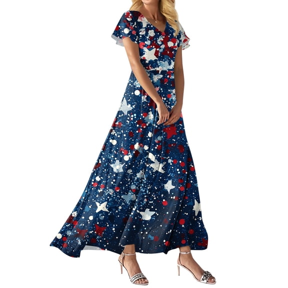 Women's 4th of July Patriotic Dress, Women Loose Fit V-Neck Short Sleeve Dress, Sexy Independence Day American Flag Printed, High Waist Maxi Design for Summer Beach Outings,Dark Blue XL