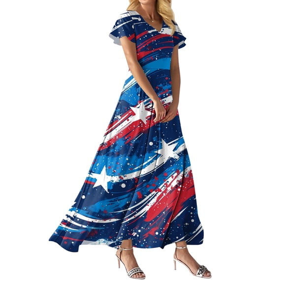 Women's 4th of July Patriotic Dress, Women Loose Fit V-Neck Short Sleeve Dress, Sexy Independence Day American Flag Printed, High Waist Maxi Design for Summer Beach Outings,Royal Blue L