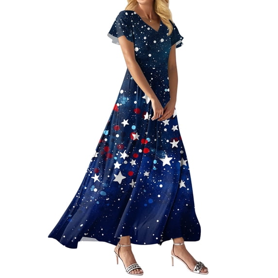 Women's 4th of July Patriotic Dress, Women Loose Fit V-Neck Short Sleeve Dress, Sexy Independence Day American Flag Printed, High Waist Maxi Dress,Dark Blue XL