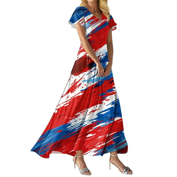 Women's 4th of July Patriotic Dress, Women Loose Fit V-Neck Short Sleeve Dress, Sexy Independence Day American Flag Printed, High Waist Maxi Dress,Red S
