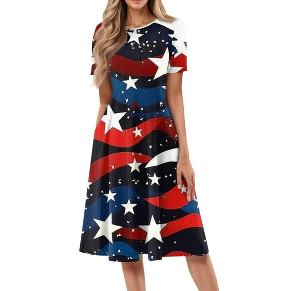 Women's 4th of July Patriotic Dress, Women Round Neck Short Sleeve Midi Dress, Sexy Independence Day American Flag Printed, Loose Fit Bohemian Sundress with Side Pockets,Red M
