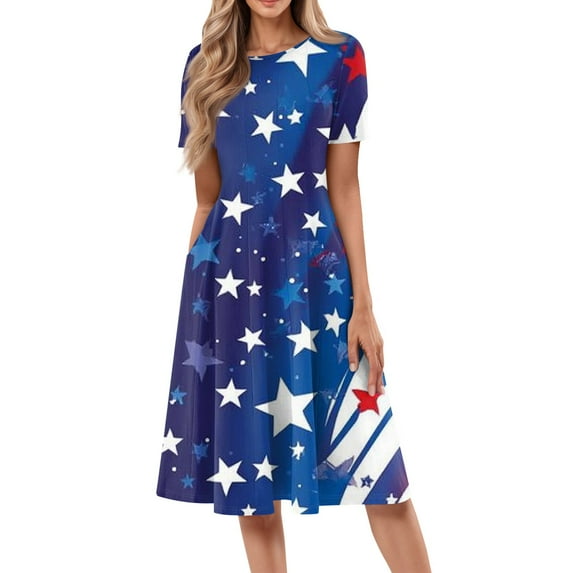Women's 4th of July Patriotic Dress, Women Round Neck Short Sleeve Midi Dress, Sexy Independence Day American Flag Printed, Loose Fit Bohemian Sundress with Side Pockets,Royal Blue L