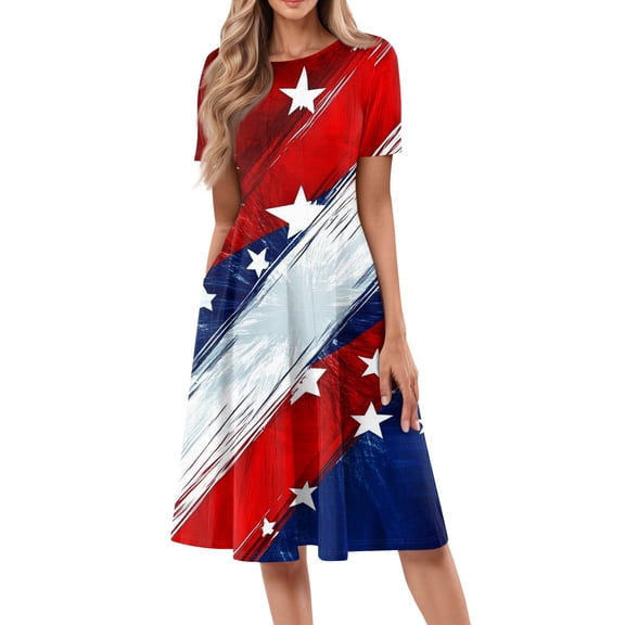 Women's 4th of July Patriotic Dress, Women Round Neck Short Sleeve Midi Dress, Sexy Independence Day American Flag Printed, Loose Fit Bohemian Sundress with Side Pockets,Vermilion S