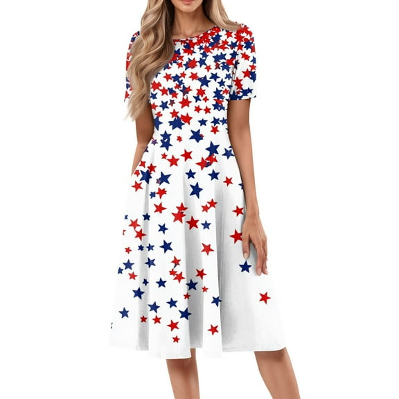 Women's 4th of July Patriotic Dress, Women Round Neck Short Sleeve Midi Dress, Sexy Independence Day American Flag Printed, Loose Fit Bohemian Sundress with Side Pockets,White S