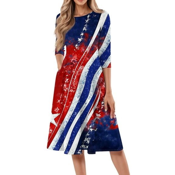 Women's 4th of July Patriotic Dress, Women Round Neck Three-Quarter Sleeve Midi Dress, Independence Day American Flag Printed Dress, Loose Fit Bohemian Beach Sundress with Side Pockets,Red S