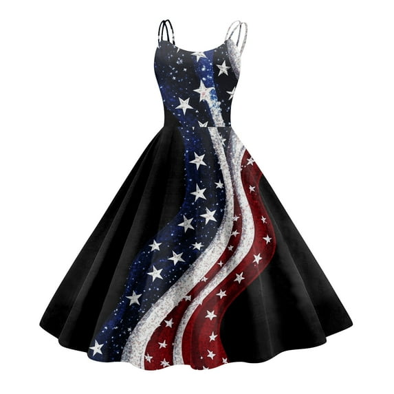 Women's 4th of July Patriotic Dress, Women Sexy Off-Shoulder Punk Mini Dress, Independence Day American Flag Printed Retro Design, Bodycon Sleeveless Party Dress,Black 2XL