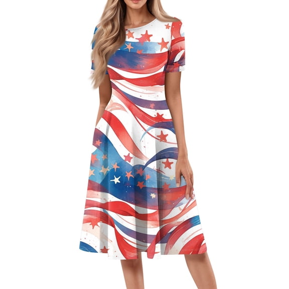 Women's 4th of July Patriotic Dress, Women Sexy Round Neck Short Sleeve Midi Dress, Independence Day American Flag Printed Dress, Boho Chic Summer Beach Sundress,Light Blue 2XL