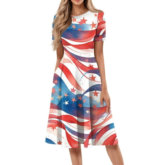 Women's 4th of July Patriotic Dress, Women Sexy Round Neck Short Sleeve Midi Dress, Independence Day American Flag Printed Dress, Boho Chic Summer Beach Sundress,Light Blue S