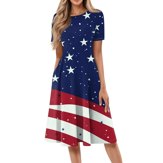 Women's 4th of July Patriotic Dress, Women Sexy Round Neck Short Sleeve Midi Dress, Independence Day American Flag Printed Dress, Boho Chic Summer Beach Sundress,Navy L