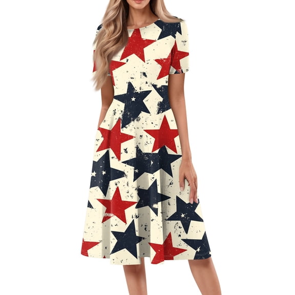 Women's 4th of July Patriotic Dress, Women Sexy Round Neck Short Sleeve Midi Dress, Independence Day American Flag Printed Dress, Boho Chic Summer Beach Sundress,Khaki S