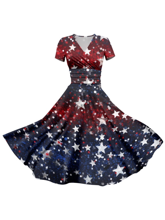 Women's 4th of July Patriotic Dress, Women Sexy Short Sleeve Maxi Dress, Independence Day American Flag Printed Elegant Design, Bohemian Silhouette for Summer Activities,Blue M