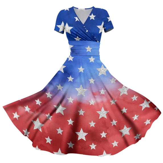 Women's 4th of July Patriotic Dress, Women Sexy Short Sleeve Maxi Dress, Independence Day American Flag Printed Elegant Design, Bohemian Silhouette for Summer Activities,Red 2XL