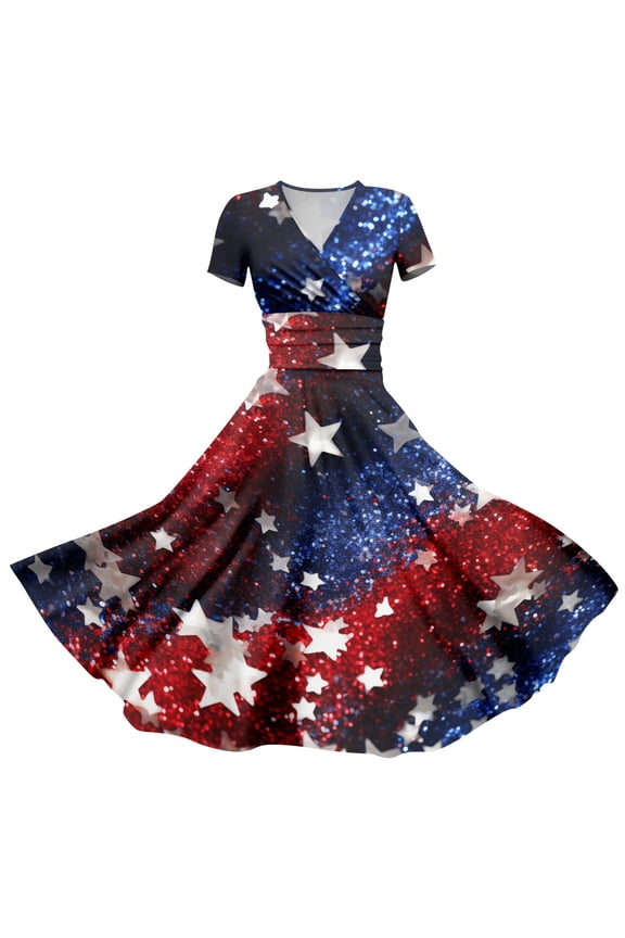Women's 4th of July Patriotic Dress, Women Sexy Short Sleeve Maxi Dress, Independence Day American Flag Printed Elegant Design, Bohemian Silhouette for Summer Activities,Dark Blue M
