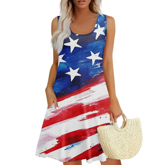 Women's 4th of July Patriotic Dress, Women Sexy Square Neck Sleeveless Dress, Independence Day American Flag Printed Summer Mini Dress with Pockets, Loose Fit Bohemian Style for Outdoors,Blue S