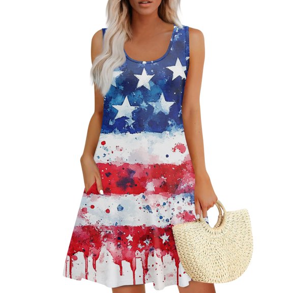 Women's 4th of July Patriotic Dress, Women Sexy Square Neck Sleeveless Dress, Independence Day American Flag Printed Summer Mini Dress with Pockets, Loose Fit Bohemian Style for Outdoors,Multicolor L