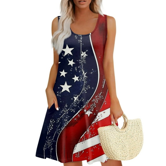 Women's 4th of July Patriotic Dress, Women Sexy Square Neck Sleeveless Dress, Independence Day American Flag Printed Summer Mini Dress with Pockets, Loose Fit Bohemian Style for Outdoors,Wine XL