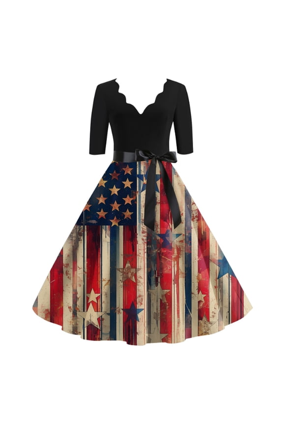 Women's 4th of July Patriotic Dress, Women Sexy V-Neck Seven-Sleeve Belted Dress, Independence Day American Flag Printed Retro Design, Maxi Silhouette for Summer Activities,Deep Red M