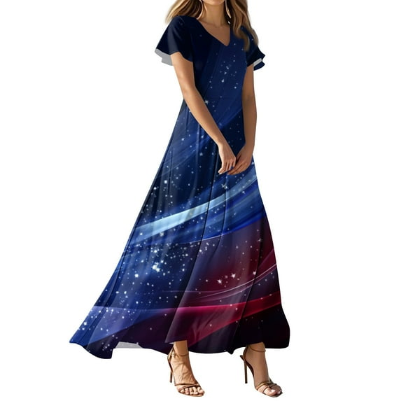 Women's 4th of July Patriotic Dress, Women Sexy V-Neck Short Sleeve Dress, Independence Day American Flag Printed Maxi Design, Lightweight Bohemian Sundress for Summer Activities,Blue XL