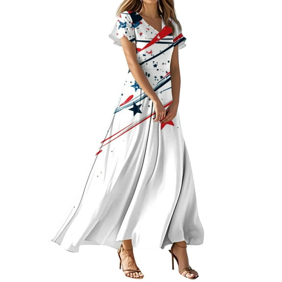 Women's 4th of July Patriotic Dress, Women Sexy V-Neck Short Sleeve Dress, Independence Day American Flag Printed Maxi Design, Lightweight Bohemian Sundress for Summer Activities,Sky Blue L