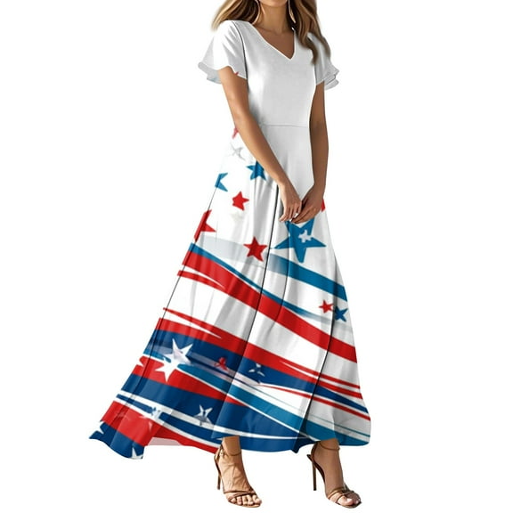 Women's 4th of July Patriotic Dress, Women Sexy V-Neck Short Sleeve Dress, Independence Day American Flag Printed Maxi Design, Lightweight Bohemian Sundress for Summer Activities,Light Blue S
