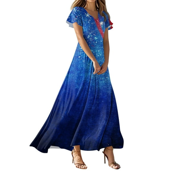 Women's 4th of July Patriotic Dress, Women Sexy V-Neck Short Sleeve Dress, Independence Day American Flag Printed Maxi Design, Lightweight Bohemian Sundress for Summer Activities,Royal Blue XS