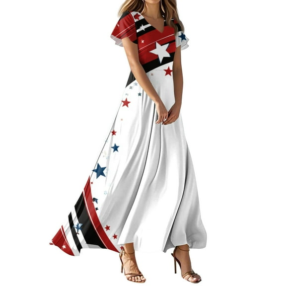 Women's 4th of July Patriotic Dress, Women Sexy V-Neck Short Sleeve Dress, Independence Day American Flag Printed Maxi Design, Lightweight Bohemian Sundress for Summer Activities,Wine M