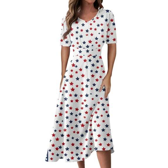 Women's 4th of July Patriotic Dress, Women Sexy V-Neck Short Sleeve Dress, Independence Day American Flag Printed Swing Design, Elastic Waist Maxi Silhouette ,Watermelon Red XL