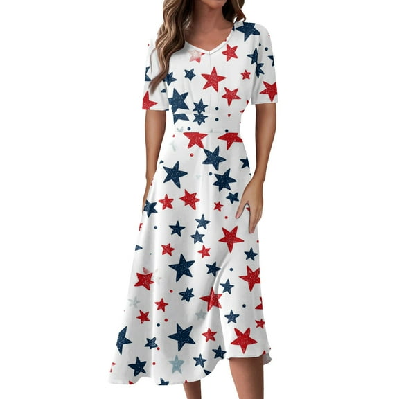 Women's 4th of July Patriotic Dress, Women Sexy V-Neck Short Sleeve Dress, Independence Day American Flag Printed Swing Design, Elastic Waist Maxi Silhouette ,Red XL