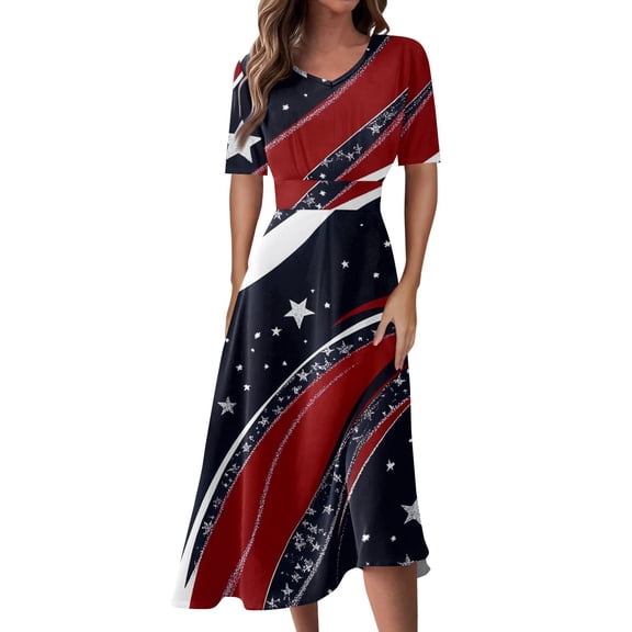 Women's 4th of July Patriotic Dress, Women Sexy V-Neck Short Sleeve Dress, Independence Day American Flag Printed Swing Design, Elastic Waist Maxi Silhouette ,Wine M
